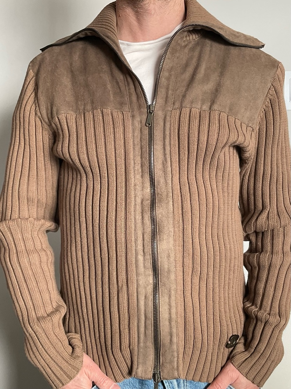 Mexx Men's Ribbed Zip-Up Sweater Jacket in Camel